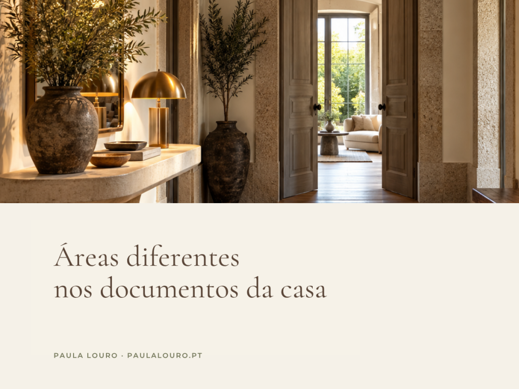 Áreas diferentes nos documentos da casa — capa com hall de entrada e passagem para uma sala.