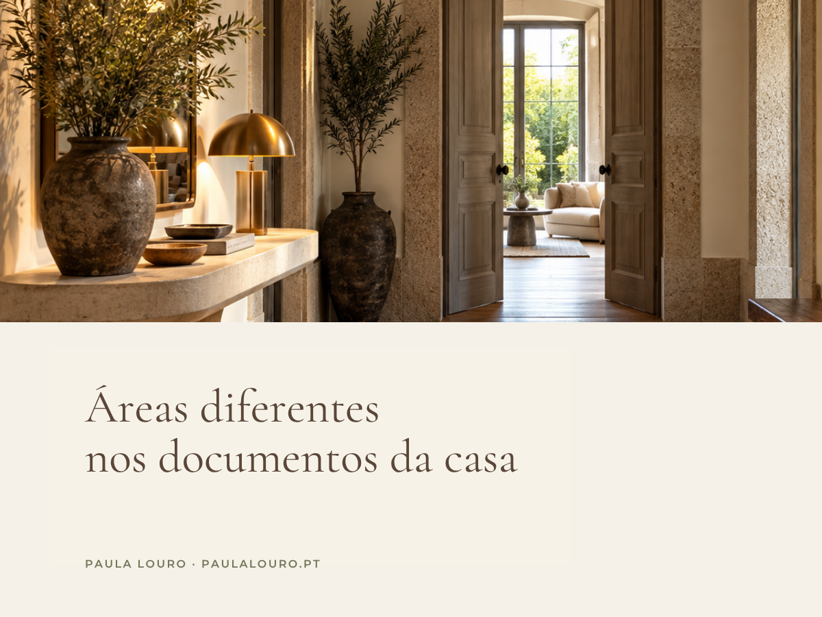 Áreas diferentes nos documentos da casa — capa com hall de entrada e passagem para uma sala.